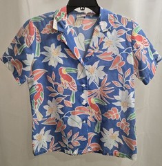 Womens Vintage Koret Blue Tropical Birds Hawaiian Print Shirt Size 10P Made USA