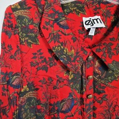 Vintage EJM Pheasant Print Dress Dark Red Size 8 Retro Funky Bird Print