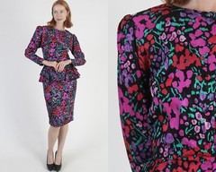Vtg Retro Bright Color Silk Dress Wear To Work Secretary Peplum Peck Peck Mini