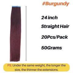 Long Invisible Tape in Hair Extensions Human Hair Burgundy 24 Inch Tape in Human