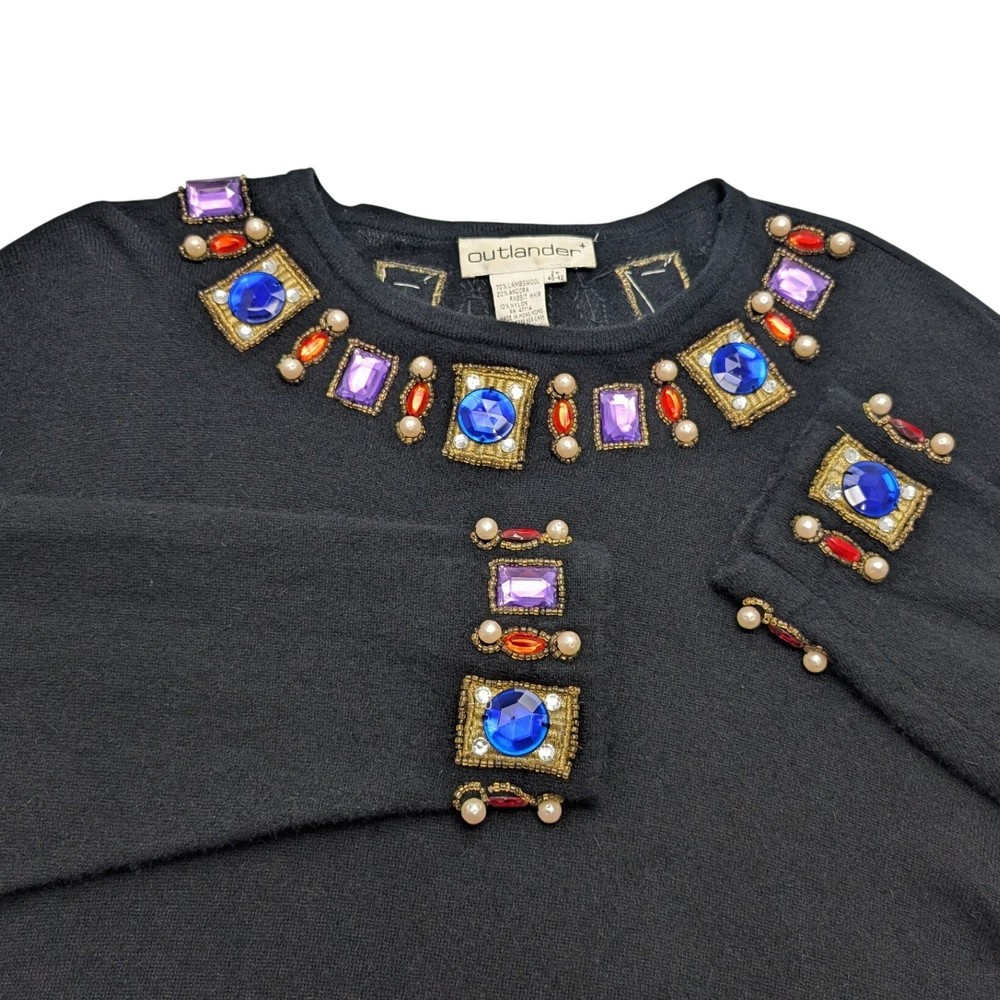 Vintage Outlander Sweater Womens 2+ Black Lambswool Angora Beaded Shoulder Pads