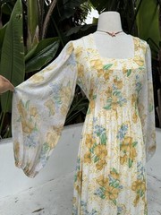 vintage 1970s dress Boho Long Wide Puff Sleeve Maxi Dress M
