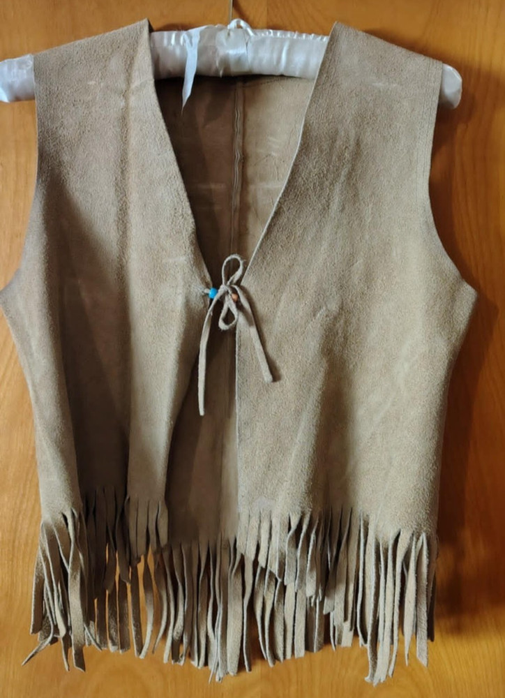 Vintage 1960s Leather Vest with Fringe and Bead Tie Chest 35″ Length 22″
