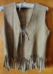 Vintage 1960s Leather Vest with Fringe and Bead Tie Chest 35″ Length 22″