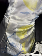VTG HALSTON Satin SHINY FLORAL SILVER YELLOW LOUNGE PANTS BUTTON UP TOP PJS L 44