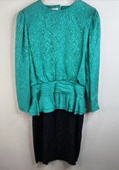 Vintage 1980s Silk Studio 100% Silk Green Black Peplum Dress Size 12 Petite