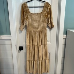 Baltic Born Vivaldi Tan Velvet Smocked Chest Tiered Dress. Size Large. NWT.