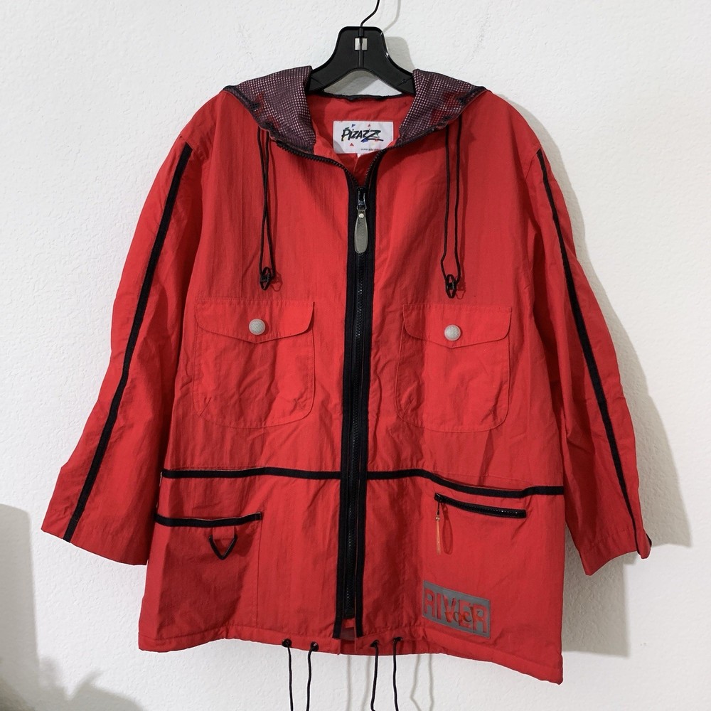 Vintage 80s Jacket Pizazz Full Zip 6 Pocket Windbreaker w Hood Red Womens Small