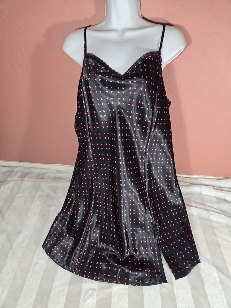 Vintage Y2K Apt.9 Black & Pink Heart Print Chemise Nightie Slip Dress Size XL