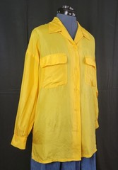 Vintage Bonjour Yellow Oversized Silk Blouse w Button Down & Flap Pockets Size M