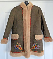 Vintage Shearling Coat Hippie Embroidered Sheepskin Suede Penny Lane Boho S XS