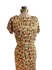 1950s silky paisley dress Leslie Fay Original blouson red green Pretty Xs/S