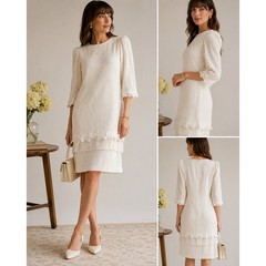 Leslie Fay Shift Dress Womens Cream Vintage Lace Tiered Crinkle 3/4 Sleeve