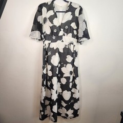 Vintage 1960s Black White Floral Empire Waist Retro Maxi Dress Size 10/12 Large