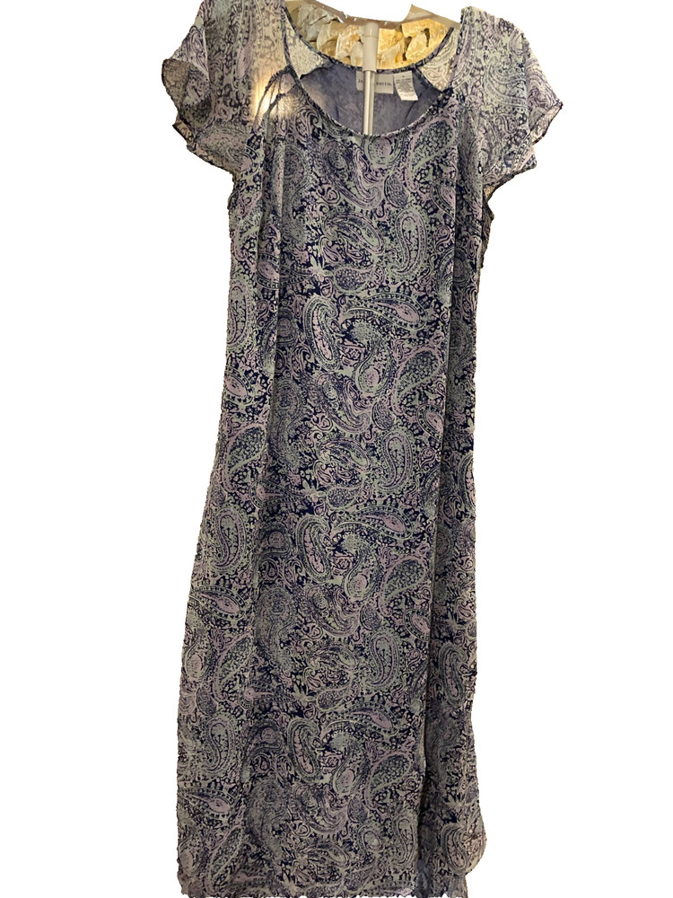 Jaclyn Smith VTG 2006 Blue paisley maxi dress cap sleeves Hem 2-tier ruffle