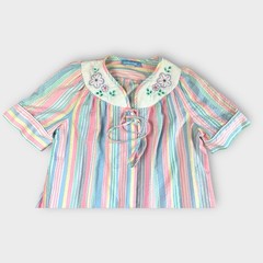 Coffee Time Vintage Seersucker House Dress Pastel Striped Floral Collar Small