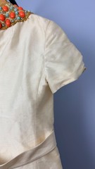 Vintage 1960’s Cream Silk Turquoise Coral Beaded Cocktail Dress Size XS