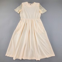 Womens VINTAGE 60s Lace Short Sleeve Elastic Waist Striped Ivory Dress
