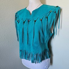 Vintage Pioneer Wear Turquoise Suede Leather Fringe Beaded Western Vest USA Made