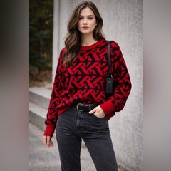 Vintage 80s 90s Red Black Geometric Knit Sweater Oversized Crewneck Unisex