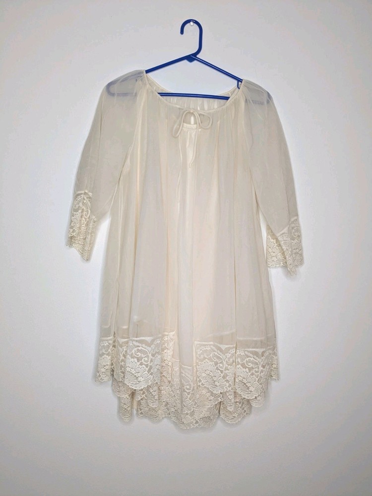 VINTAGE 70s BRIDAL TROUSSEAU DOUBLE NYLON 3 TIERS LACE PEIGNOIR & NIGHTGOWN SET