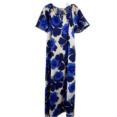 VINTAGE 70s Hilo Hattie Maxi Dress Women M Blue Hibiscus MUUMUU Hawaiian Aloha