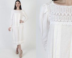 Jessica McClintock White Cotton Dress Drop Waist Victorian Deco Lawn Vtg Midi