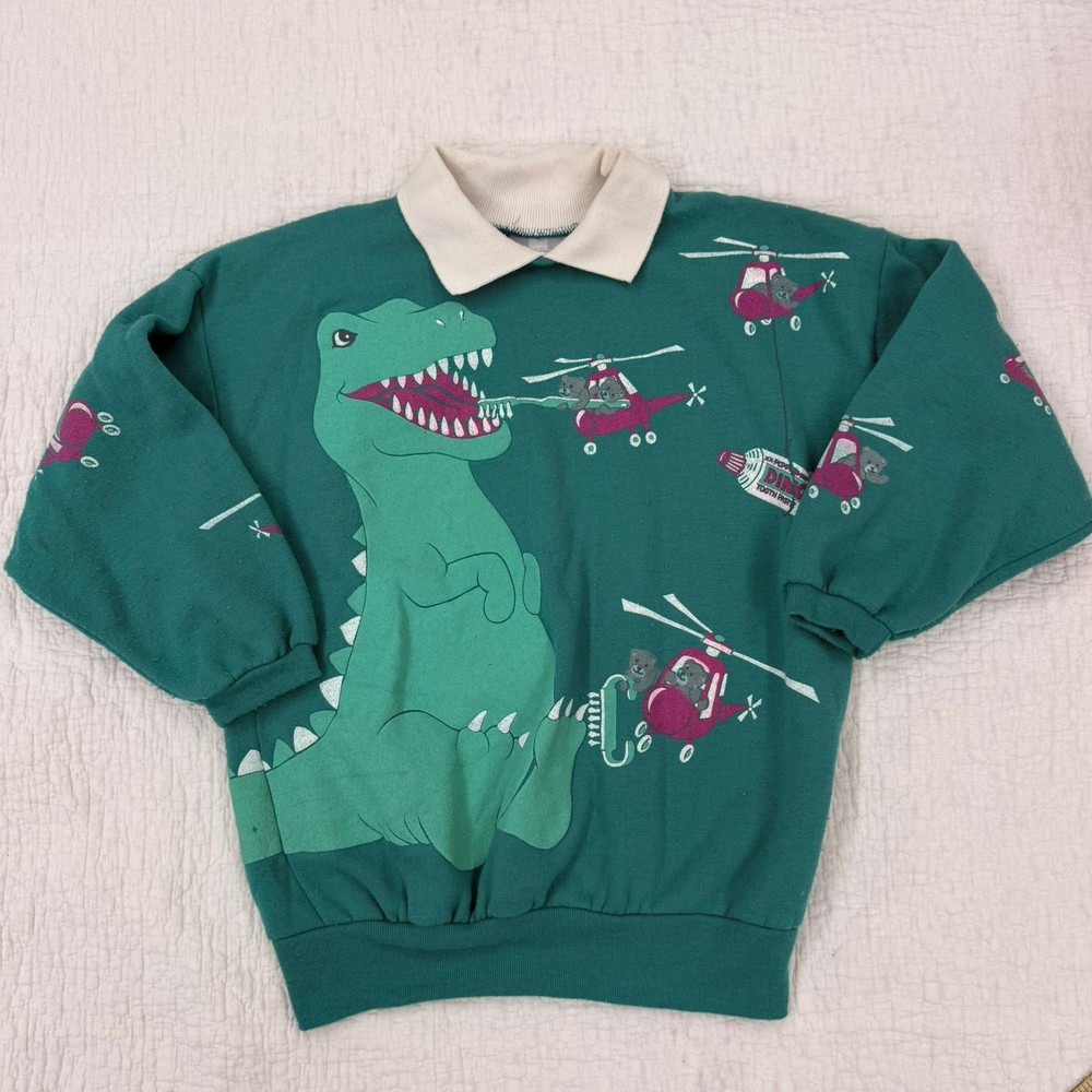 Vtg Spumoni Dinosaur teddy bears Sweatshirt Brushing T Rex teeth helicopter 90s