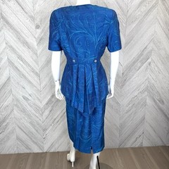 VTG 80s Skirt Suit Set Glam Power Cocktail Party Business Blue Rhinestone M/L