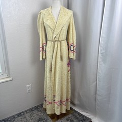 Vintage Peacock Chenille Bath Robe Long Yellow Housecoat Cottage 40s 50s READ