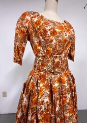 Vintage 50’s Suzy Perette Dress | Copper Floral Silk Print | Self Belt | 25” W