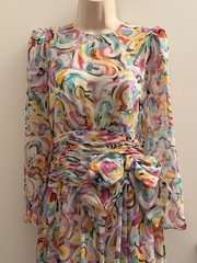 VINTAGE 80’S MISS ELLIETTE WOMENS PASTEL WATERCOLOR CHIFFON DRESS XS RUCHED BOW