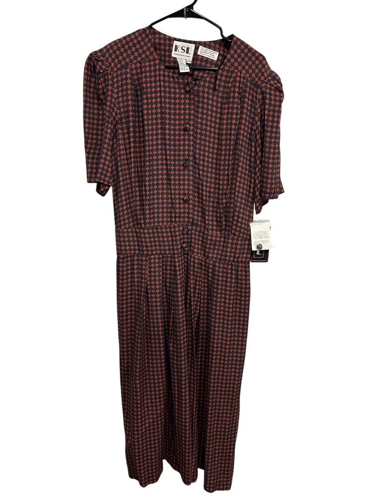 Vintage KSL Karin Stevens Pleated Dress Red Blue Sz 20W Geometric Pattern NWT