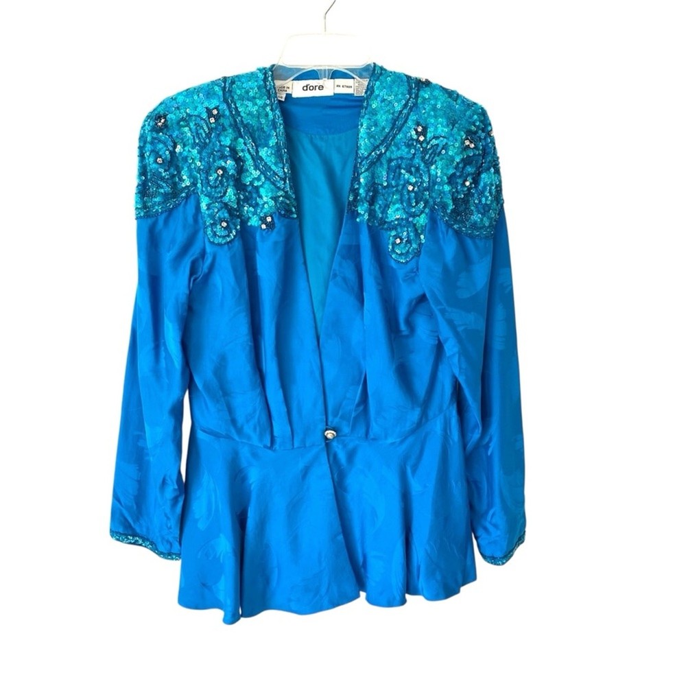 Vintage D’Ore Silk Sequin Beaded Women’s Blue Embellished Jacket size 14