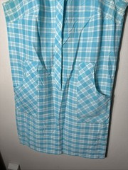 Vtg 60s Blue Plaid Sleeveless Sheath House Dress-Bust 36” Lightweight EUC