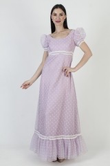Vtg Violet High Waist Dress Wht Polka Dot Victorian Prairie Evening Prom Gown