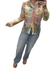 Women’s Judy bond Vintage 70s Sheer Floral Blouse Psychedelic Dagger Collar XS