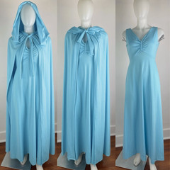 Vintage 60s 70s Dress & Hooded Cloak Cape Aqua Blue Matching Set 2 Piece Size 10