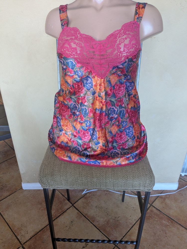 Vintage Vanity Fair Floral Silky Satiny Sheer Lace Satin Slip Dress Floral Print