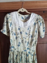 Vtg Yellow/Blue Floral Midi Sun Dress Size 12 1980s Lace Collar Cottagecore