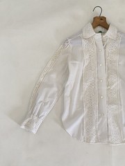 VTG 70s XS / Small Ivory White Sheer Blouse Long Sleeve Cotton Lace Majorette