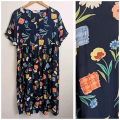 90s Crinkle Rayon Midi Dress Blue Floral Boho M Short Sleeve Flowy Cottage Retro