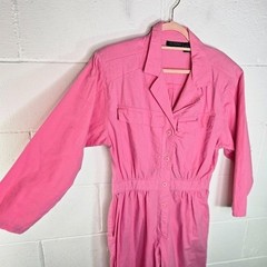 Vtg 80s Bubblegum Barbie Pink Cotton Long Sleeve One Piece Jumpsuit