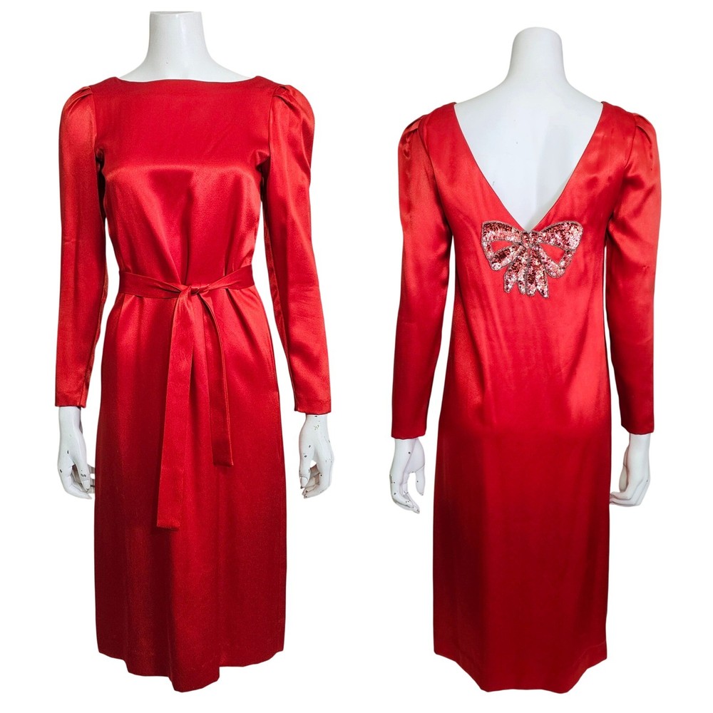 Vintage Bonwit Teller Red Satin Cocktail Dress Sequin Bow Open Back Size 4 USA