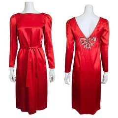 Vintage Bonwit Teller Red Satin Cocktail Dress Sequin Bow Open Back Size 4 USA