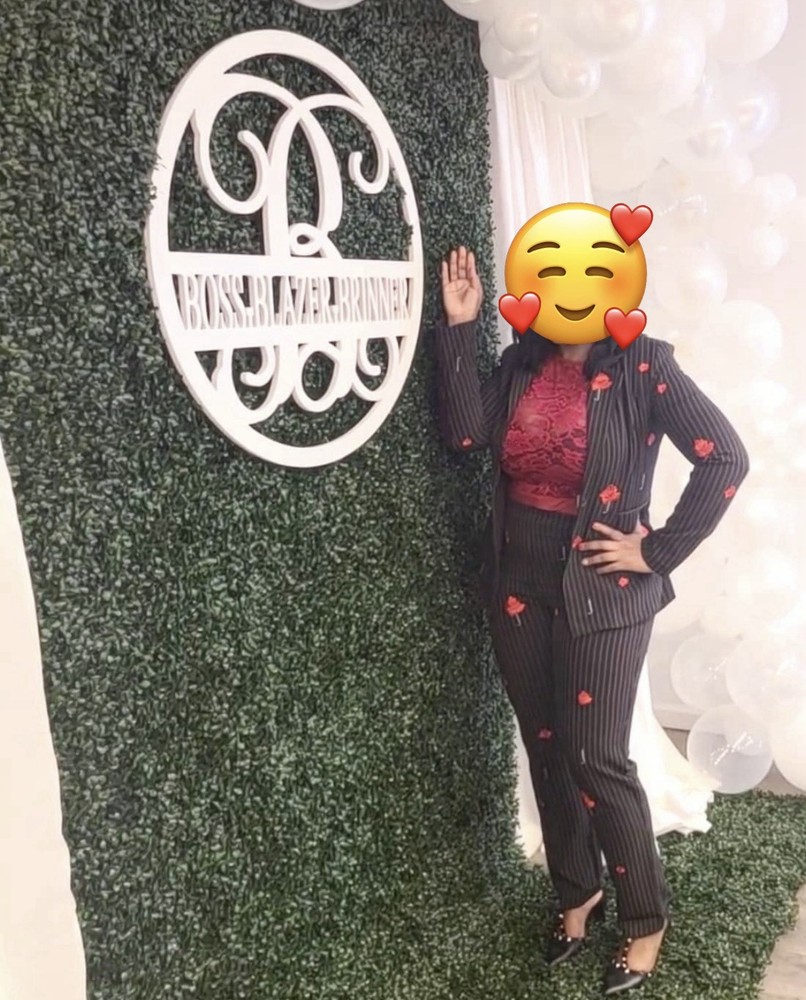 Womens Black Pinstripe Pantsuit with Red Embroidered Roses 2-Piece Blazer & Pant