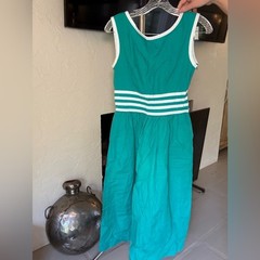 Vintage Lanz Originals Teal Green White Striped Cotton Midi Dress Pockets Sz 10