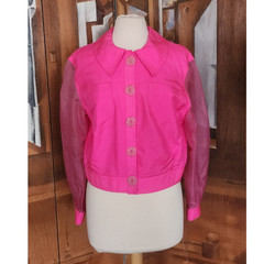 VTG 90s Pink Silk Jacket Sheer Sleeves Flower Buttons Victoria March Chicago