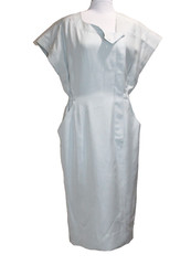 Vintage CHANEL Pale Blue Sheath Silk Dress 80s Square Shoulder Pockets Size 2