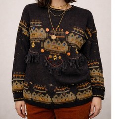 Vintage Dafna D&I Israel Jeweled Fringe Metallic Knit Sweater Med Black 80s 90s